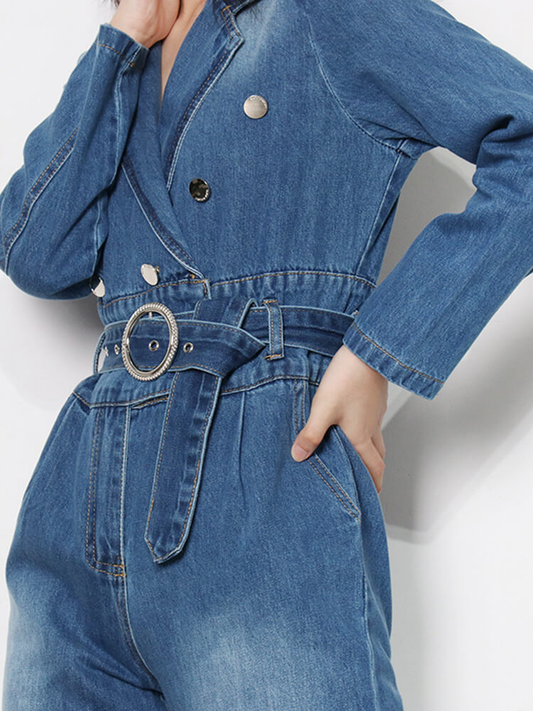 TWOTWINSTYLE Straight Denim Jumpsuit Lapel Long Sleeve High Waist Patchwork Belt Solid Wide Leg Jumpsuits For Women 2023 New Clothing