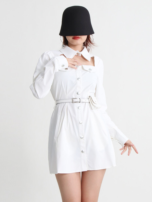 TWOTWINSTYLE Hollow Out Solid Dresses For Women Lapel Long Sleeve High Waist Tunic Spliced Button Dress Female Fashion Clothing