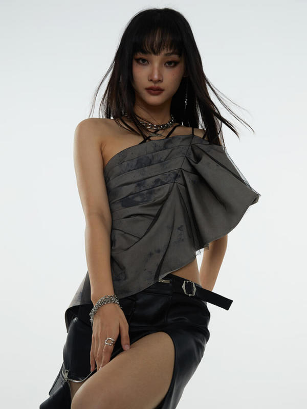 TWOTWINSTYLE Patchwork Folds Tank Top For Women Irregular Collar Sleeveless Slimming Sexy Solid Vest Female Fashion Clothing New