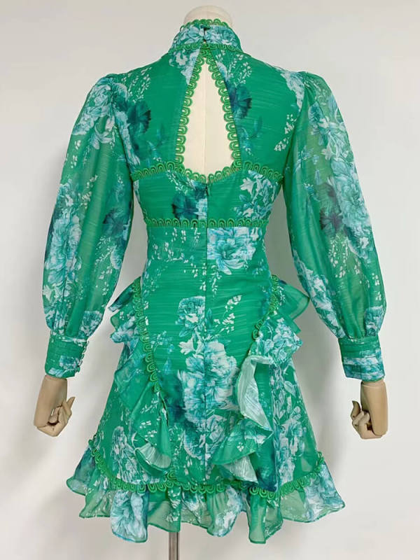 TWOTWINSTYLE Hit Color Printing Dresses For Women Stand Collar Long Sleeve High Waist Spliced Ruffles Mini Dress Female Fashion