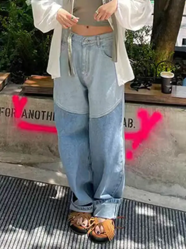 TWOTWINSTYLE Patchwork Pockets Denim Pants For Women High Waist Spliced Button Casual Loose Wide Leg Jeans Female Fashion 2023