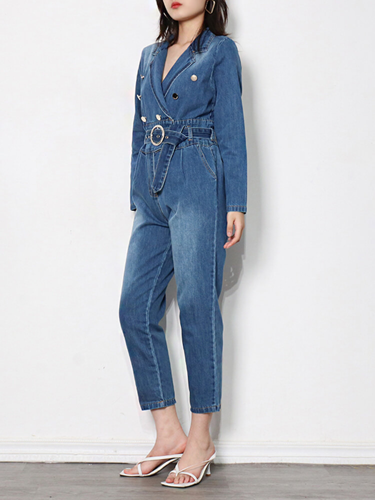 TWOTWINSTYLE Straight Denim Jumpsuit Lapel Long Sleeve High Waist Patchwork Belt Solid Wide Leg Jumpsuits For Women 2023 New Clothing