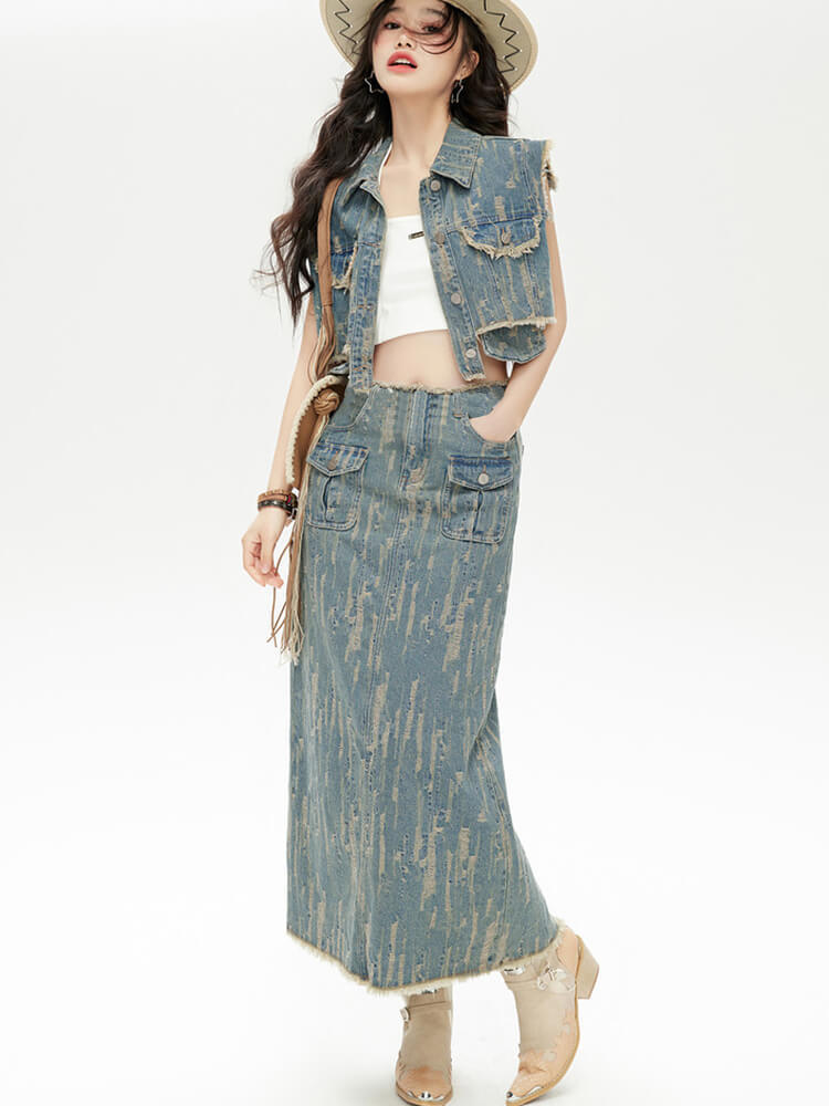 TWOTWINSTYLE Do Old Denim Two Piece Sets For Women Lapel Sleeveless Waistcoat High Waist Straight Skirt Vintage Set Female 2023