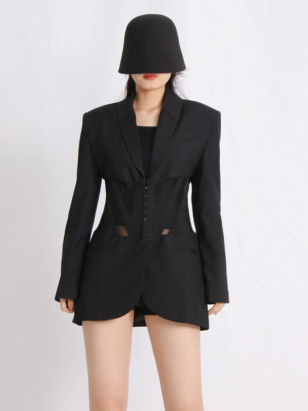TWOTWINSTYLE Patchwork Mesh Blazers For Women Notched Collar Long Sleeve Tunic Solid Slimming Sexy Blazer Female Fashion Clothes