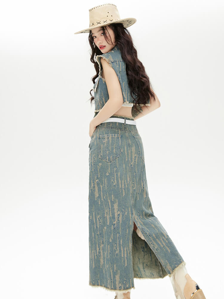 TWOTWINSTYLE Do Old Denim Two Piece Sets For Women Lapel Sleeveless Waistcoat High Waist Straight Skirt Vintage Set Female 2023