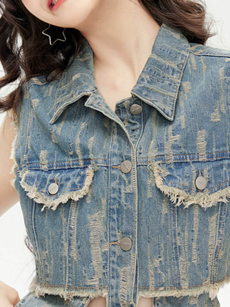 TWOTWINSTYLE Do Old Denim Two Piece Sets For Women Lapel Sleeveless Waistcoat High Waist Straight Skirt Vintage Set Female 2023