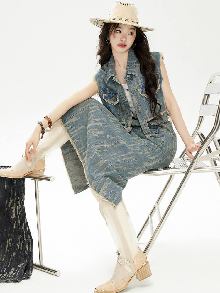 TWOTWINSTYLE Do Old Denim Two Piece Sets For Women Lapel Sleeveless Waistcoat High Waist Straight Skirt Vintage Set Female 2023