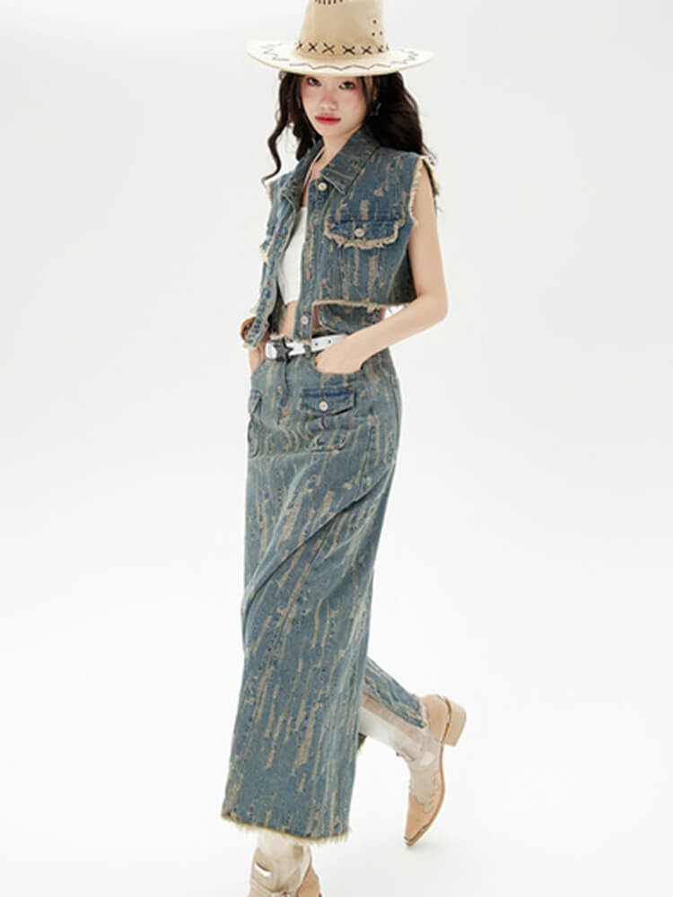 TWOTWINSTYLE Do Old Denim Two Piece Sets For Women Lapel Sleeveless Waistcoat High Waist Straight Skirt Vintage Set Female 2023
