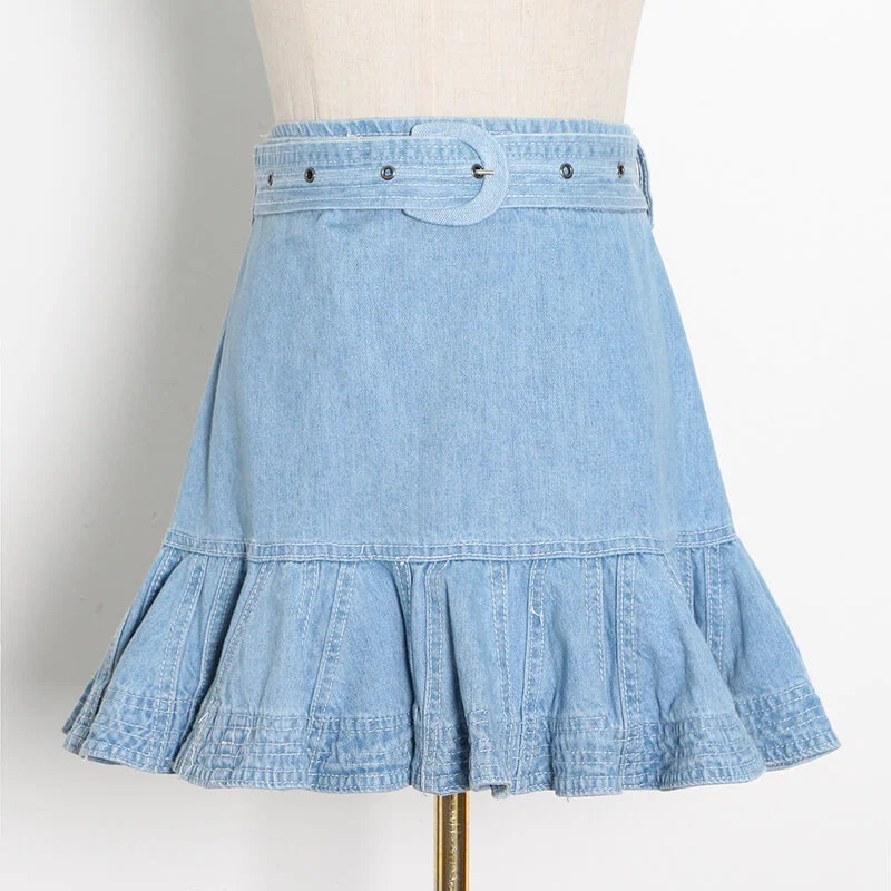 TWOTWINSTYLE Patchwork Denim Women's Skirt High Waist With Sashes Ruffles Hem Large Size Mini Skirts Female 2020 Fashion Clothes New