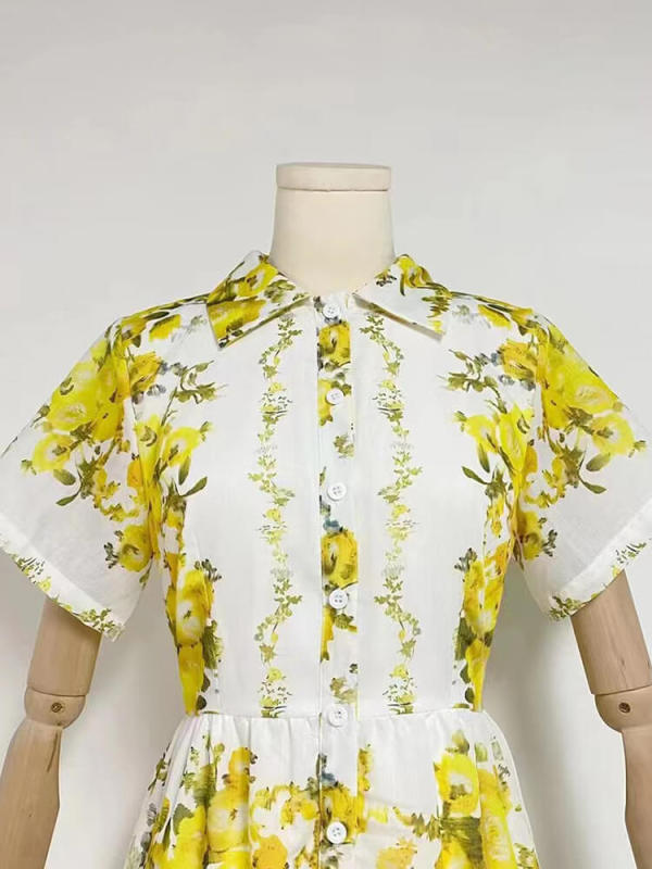 TWOTWINSTYLE Hit Color Print Dresses For Women Lapel Short Sleeve High Waist Folds Vintage Summer Dress Female Fashion Clothing