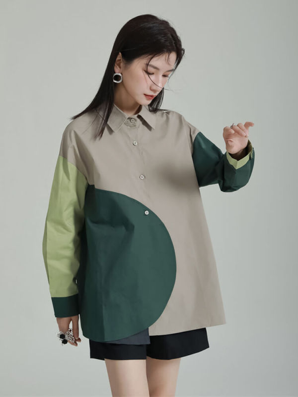TWOTWINSTYLE Hit Color Shirts For Women Lapel Long Sleeve Spliced Single Breasted Loose Casual Blouse Female Fashion Clothing