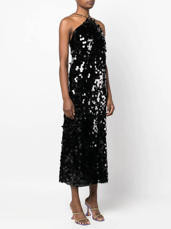TWOTWINSTYLE Spliced Sequined Dresses For Women Halter Sleeveless High Waist Temperament Party Dress Female Fashion Clothing New