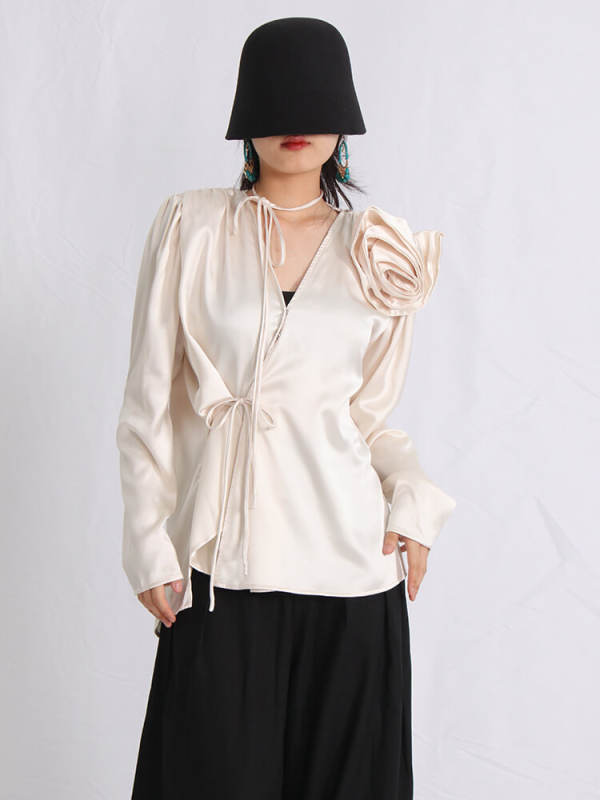 TWOTWINSTYLE Patchwork Floral Shirts For Women V Neck Long Sleeve Loose Casual Solid Vintage Blouse Female Fashion Clothing 2023
