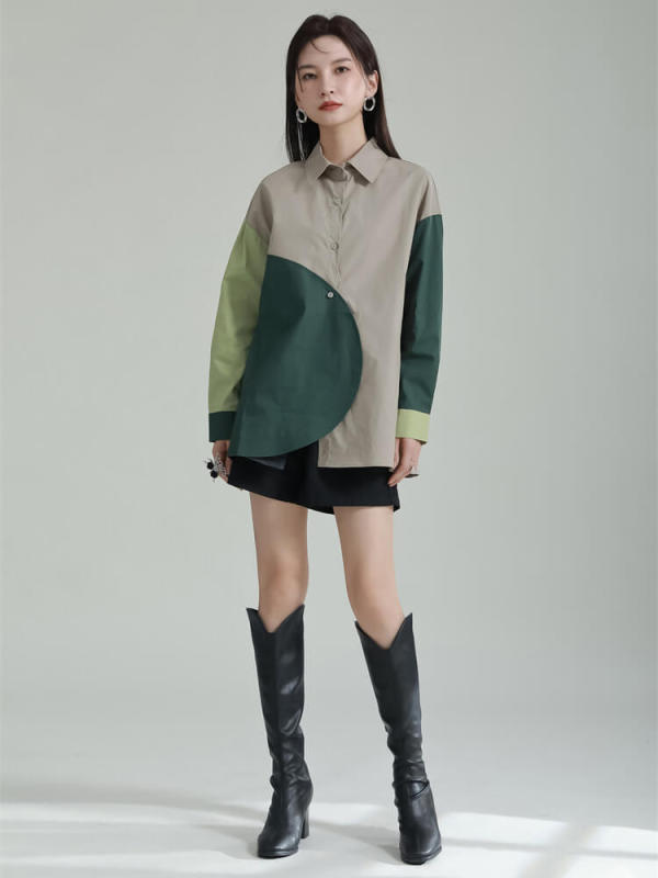 TWOTWINSTYLE Hit Color Shirts For Women Lapel Long Sleeve Spliced Single Breasted Loose Casual Blouse Female Fashion Clothing