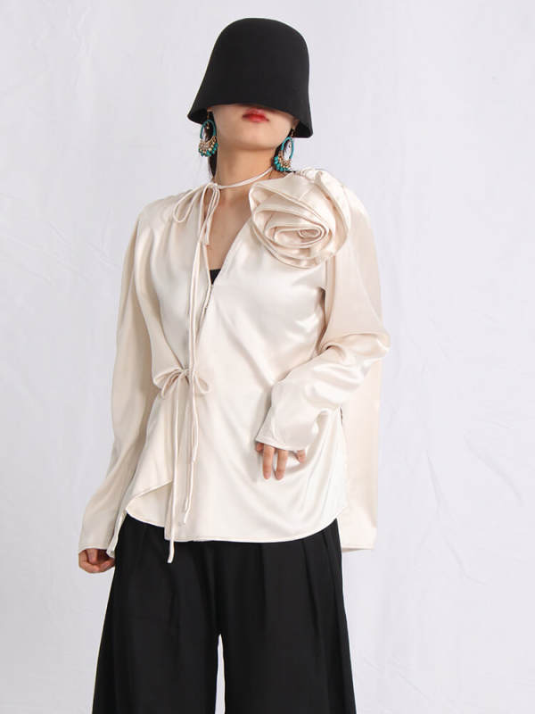 TWOTWINSTYLE Patchwork Floral Shirts For Women V Neck Long Sleeve Loose Casual Solid Vintage Blouse Female Fashion Clothing 2023