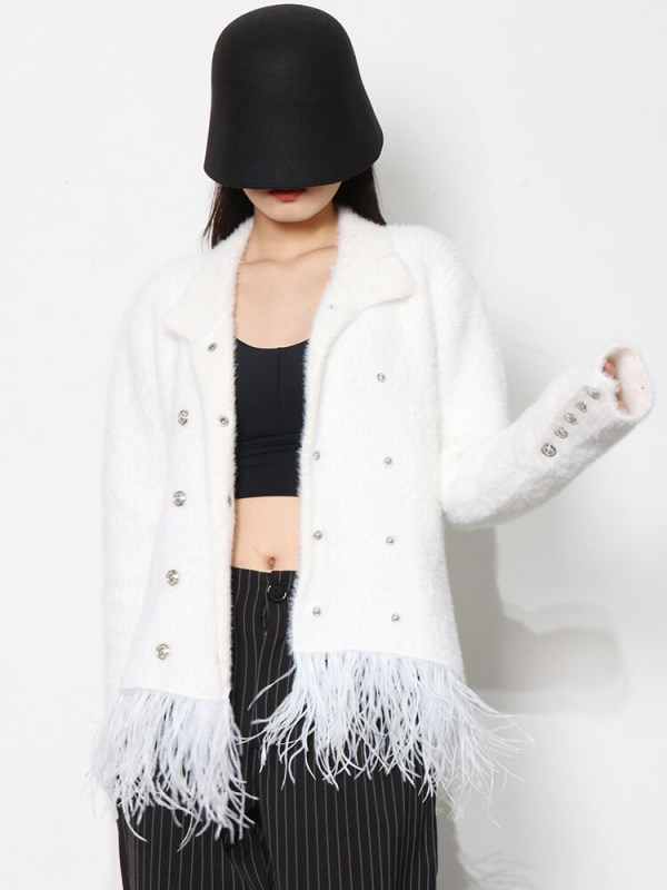 TWOTWINSTYLE Casual White Coat For Women Stand Collar Long Sleeve Patchwork Feathers Hem Solid Coats Female Clothing Style New