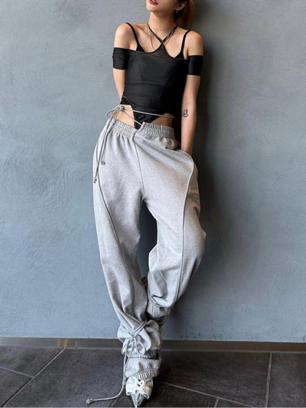 TWOTWINSTYLE Solid Irregular Patchwork Lace Up Pants For Women High Waist Loose Solid Gray Trousers Female Fashion New Style