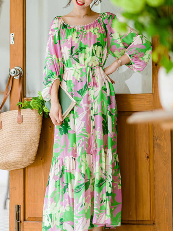 TWOTWINSTYLE Elegant Printing Dresses For Women O Neck Three Quarter Sleeve Tunic Spliced Lace Up Summer Dress Female Clothing