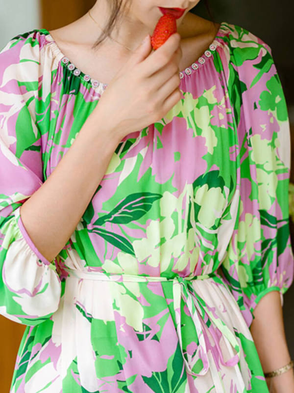 TWOTWINSTYLE Elegant Printing Dresses For Women O Neck Three Quarter Sleeve Tunic Spliced Lace Up Summer Dress Female Clothing