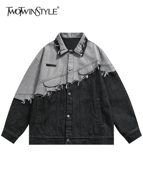 TWOTWINSTYLE Hit Color Denim Jackets For Women Lapel Long Sleeve Patchwork Single Breasted Casual Jacket Female Fashion Clothing