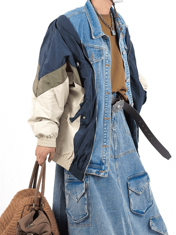 TWOTWINSTYLE Spliced Denim Jackets For Women Lapel Long Sleeve Hit Color Patchwork Button Casual Jacket Female Fashion Clothing