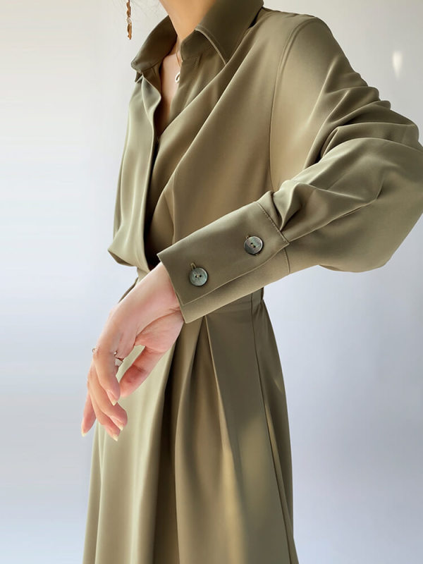 TWOTWINSTYLE Patchwork Folds Dresses For Women Lapel Long Sleeve High Waist Tunic Slimming Solid Temperament Dress Female 2023