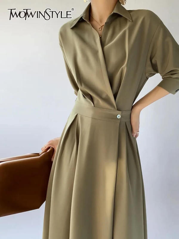 TWOTWINSTYLE Patchwork Folds Dresses For Women Lapel Long Sleeve High Waist Tunic Slimming Solid Temperament Dress Female 2023