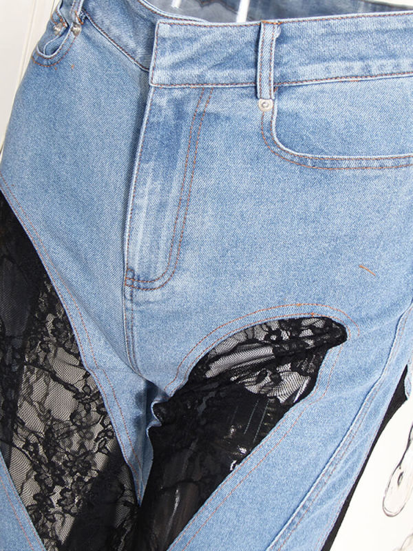 TWOTWINSTYLE Patchwork Sheer Lace Jeans For Women High Waist Spliced Pockets Slimming Hit Color Trousers Female Summer Fashion Clothing
