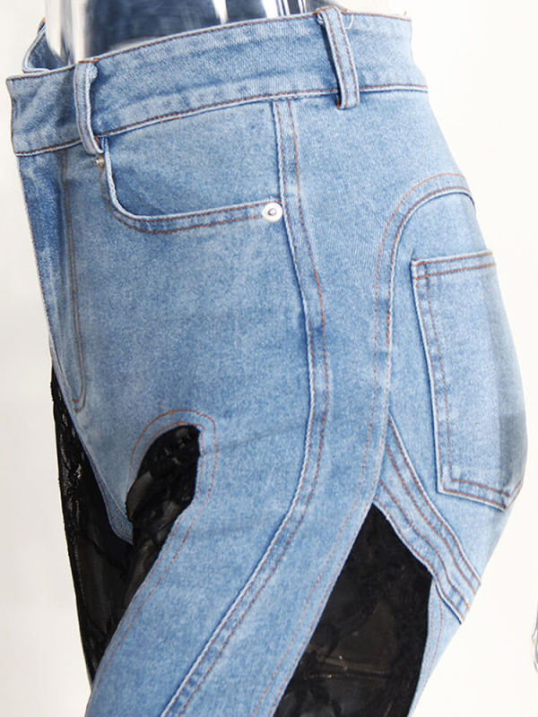 TWOTWINSTYLE Patchwork Sheer Lace Jeans For Women High Waist Spliced Pockets Slimming Hit Color Trousers Female Summer Fashion Clothing