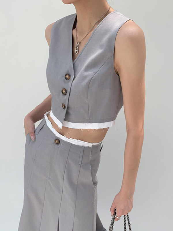 TWOTWINSTYLE Casual Temperament Waistcoats For Women V Neck Sleeveless Patchwork Button Short Waistcoat Female Fashion Clothing