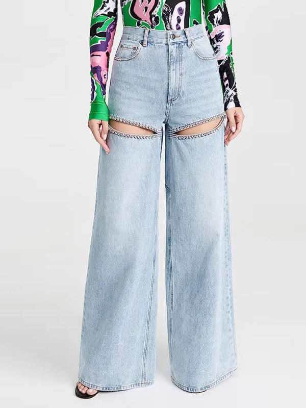 TWOTWINSTYLE Hollow Out Jeans For Women High Waist Patchwork Zipper Minimalist Wide Leg Pants Female Fashion Clothing 2023 New