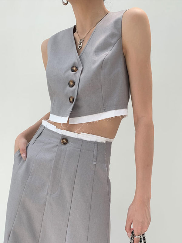TWOTWINSTYLE Casual Temperament Waistcoats For Women V Neck Sleeveless Patchwork Button Short Waistcoat Female Fashion Clothing