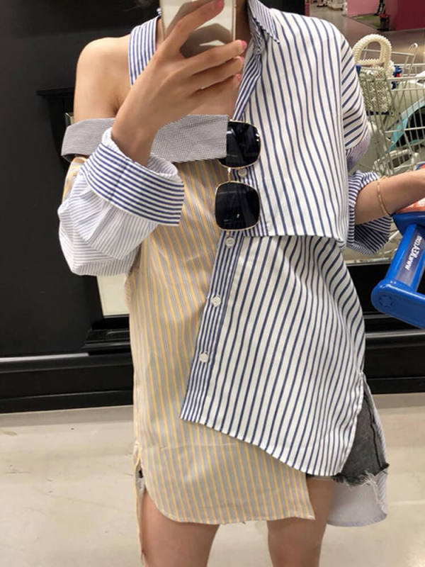 TWOTWINSTYLE Patchwork Button Striped Shirts For Women Lapel Long Sleeve Off Shoulder Loose Causal Blouse Female Fashion Clothes