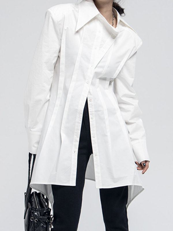 TWOTWINSTYLE Patchwork Single Breasted Shirts For Women Lapel Long Sleeve Tunic Irregular Solid Temperament Blouse Female 2023