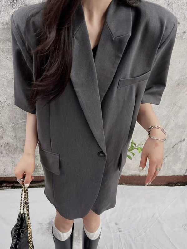 TWOTWINSTYLE Patchwork Button Blazers For Women Notched Collar Short Sleeve Loose Casual Solid Minimalist Blazer Female Fashion