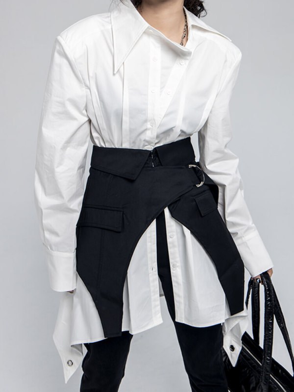 TWOTWINSTYLE Patchwork Single Breasted Shirts For Women Lapel Long Sleeve Tunic Irregular Solid Temperament Blouse Female 2023