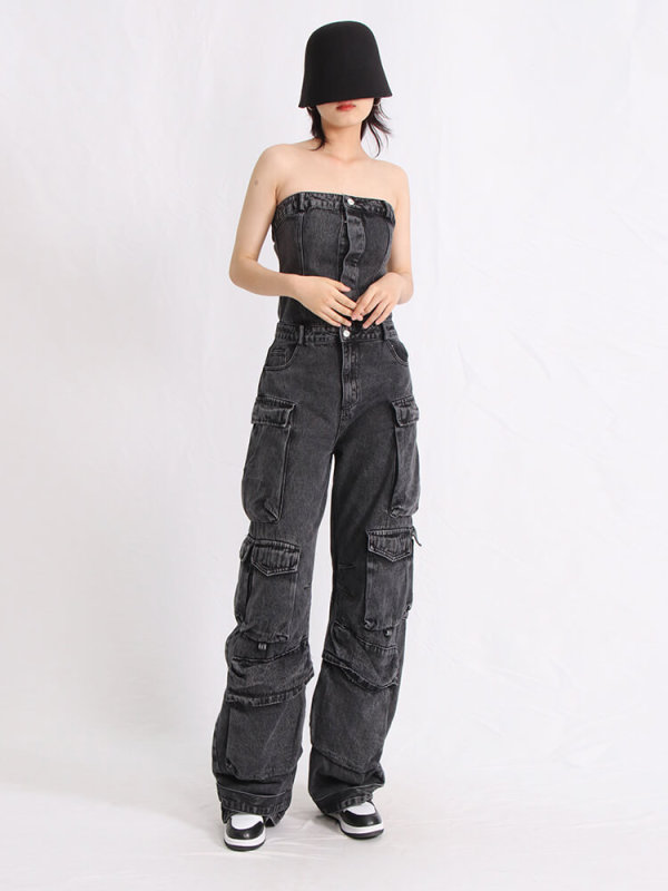 TWOTWINSTYLE Spliced Denim Jumpsuits For Women Strapless Sleeveless High Waist Patchwork Pockets Casual Jumpsuit Female Clothing