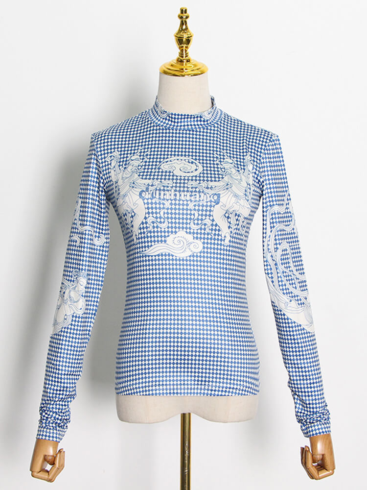 TWOTWINSTYLE Plaid Printing T Shirts For Women Turtleneck Long Sleeve Hit Color Slimming Pullover Spring Casual T Shirts Female New