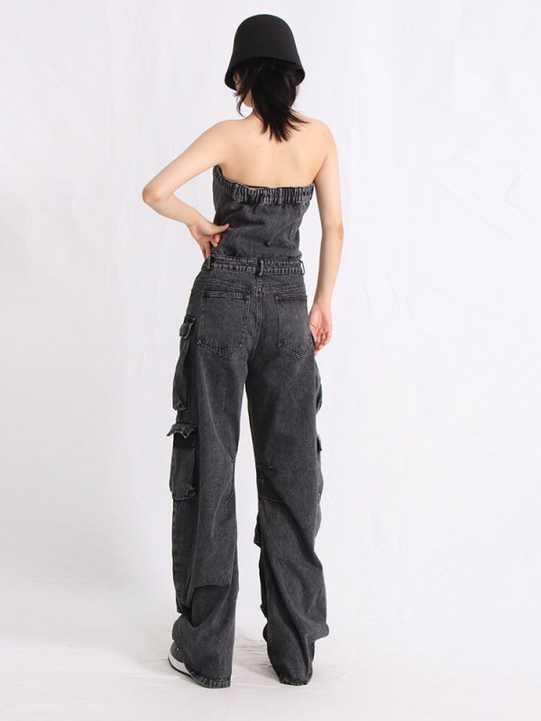 TWOTWINSTYLE Spliced Denim Jumpsuits For Women Strapless Sleeveless High Waist Patchwork Pockets Casual Jumpsuit Female Clothing