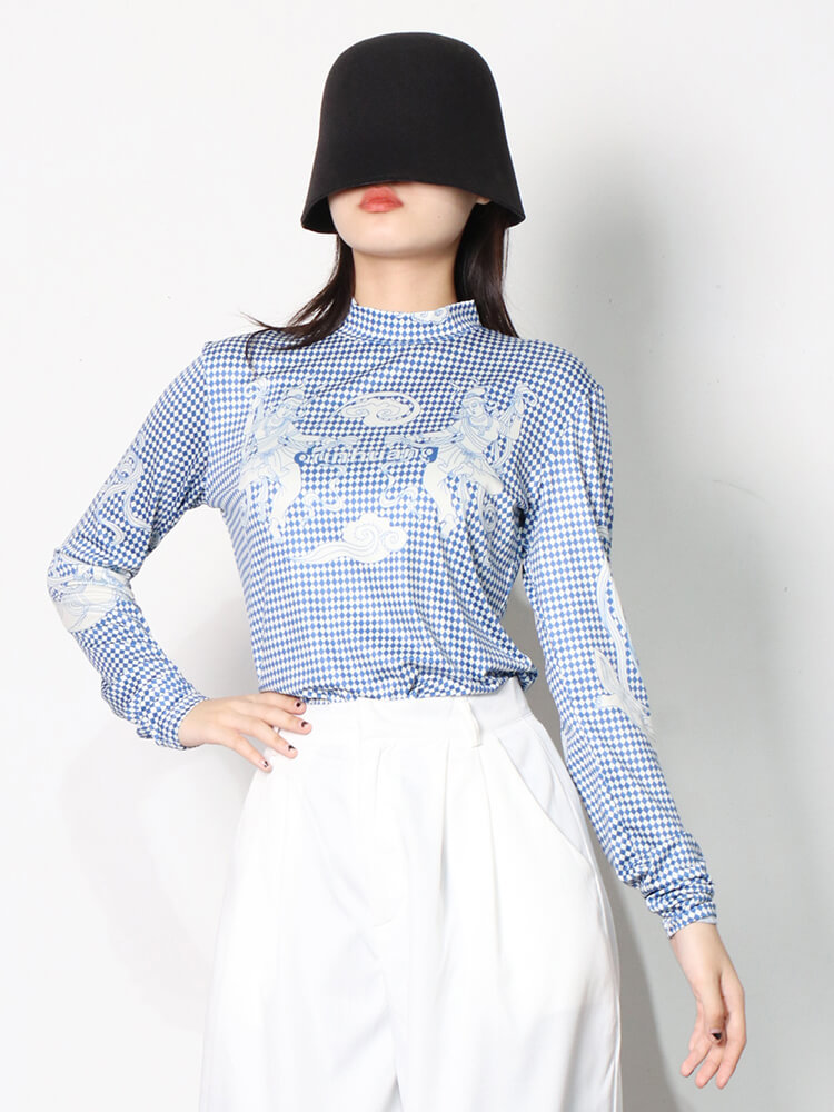 TWOTWINSTYLE Plaid Printing T Shirts For Women Turtleneck Long Sleeve Hit Color Slimming Pullover Spring Casual T Shirts Female New
