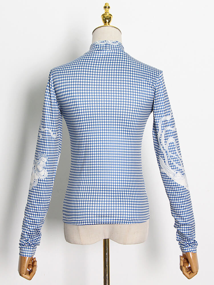 TWOTWINSTYLE Plaid Printing T Shirts For Women Turtleneck Long Sleeve Hit Color Slimming Pullover Spring Casual T Shirts Female New