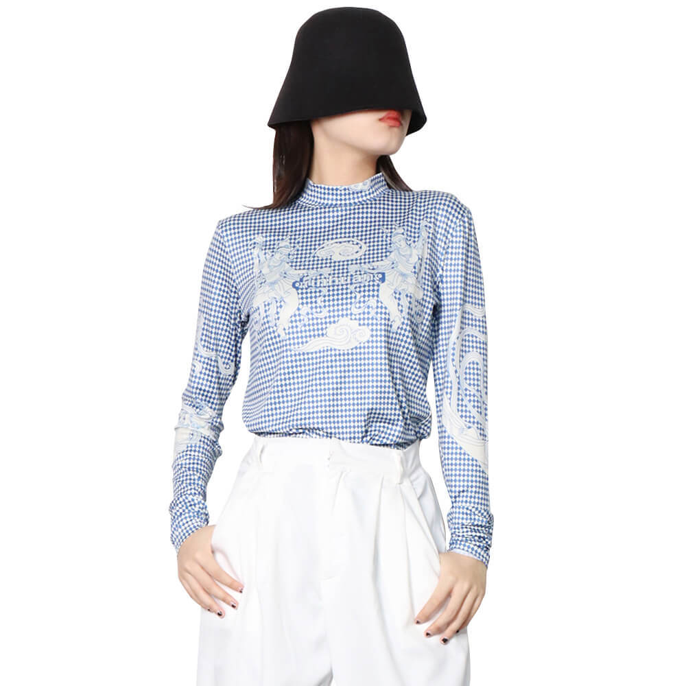 TWOTWINSTYLE Plaid Printing T Shirts For Women Turtleneck Long Sleeve Hit Color Slimming Pullover Spring Casual T Shirts Female New