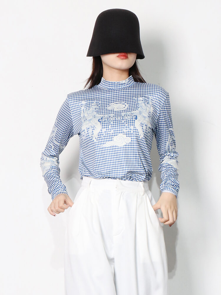 TWOTWINSTYLE Plaid Printing T Shirts For Women Turtleneck Long Sleeve Hit Color Slimming Pullover Spring Casual T Shirts Female New