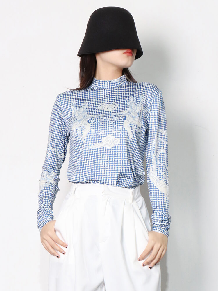 TWOTWINSTYLE Plaid Printing T Shirts For Women Turtleneck Long Sleeve Hit Color Slimming Pullover Spring Casual T Shirts Female New