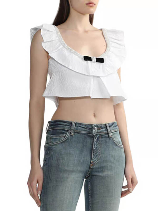 TWOTWINSTYLE Bowknot Solid Halter For Women Flying Sleeve Patchwork Off Shoulder Tank Tops At Summer Female Fashion Clothing