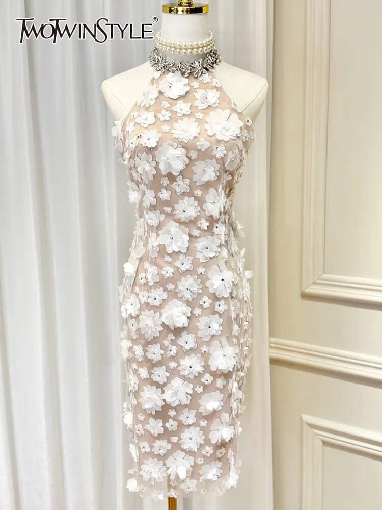 TWOTWINSTYLE Spliced Floral Dresses For Women Halter Sleeveless Tunic Patchwork Diamonds Elegant Ceremonial Dress Female Clothes