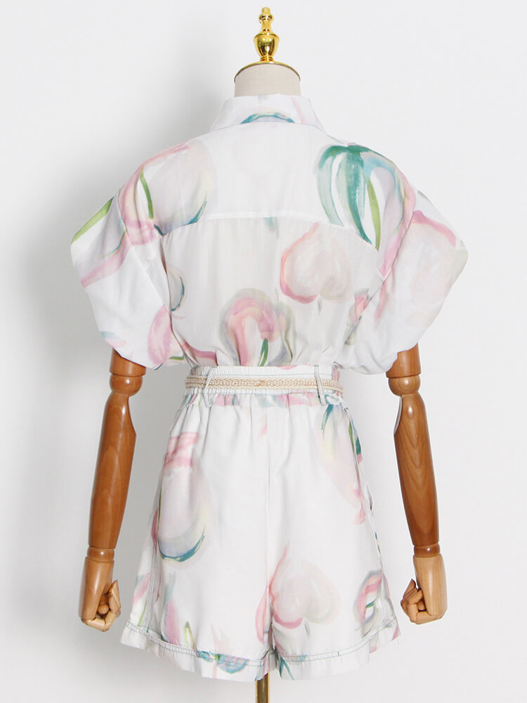 TWOTWINSTYLE Casual Print Two Piece Set For Women Lapel Short Sleeve Tops High Waist Shorts Casual Sets Female 2022 Spring Style