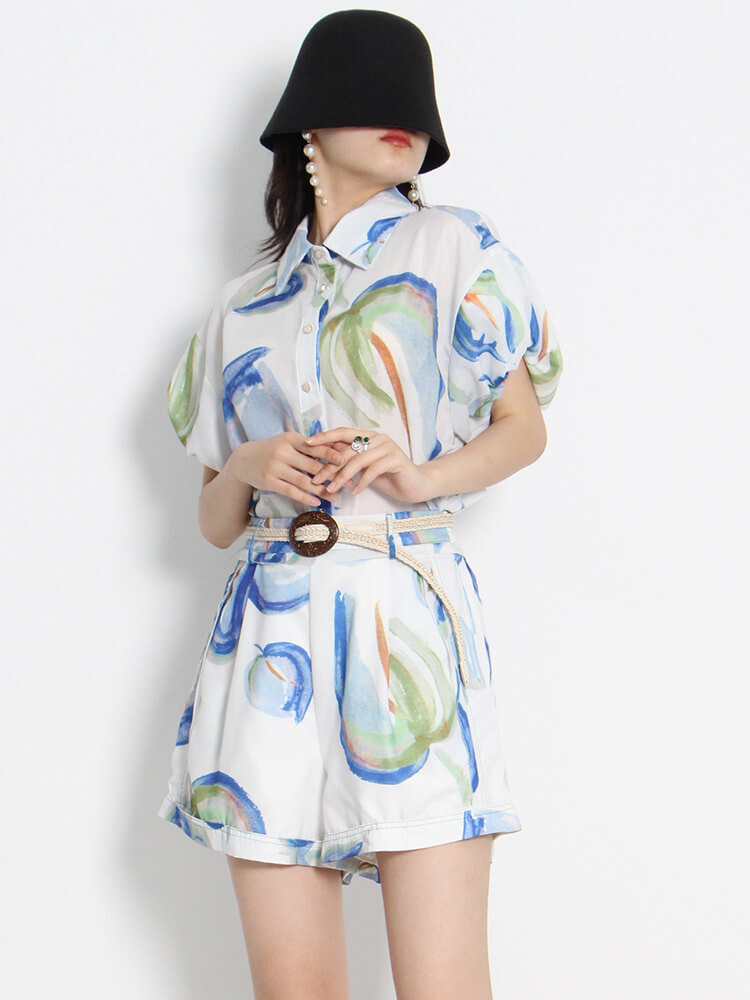 TWOTWINSTYLE Casual Print Two Piece Set For Women Lapel Short Sleeve Tops High Waist Shorts Casual Sets Female 2022 Spring Style
