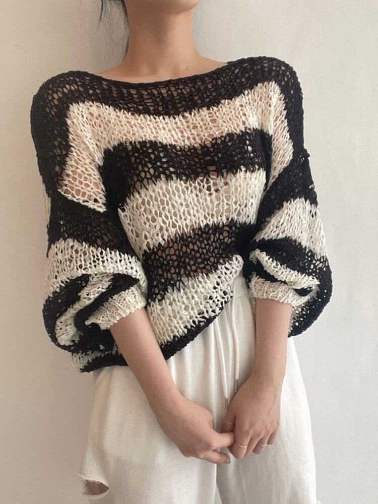 TWOTWINSTYLE Hit Color Striped Sweaters For Women Round Neck Long Sleeve Loose Casual Sun Protection Sweater Female Clothing New