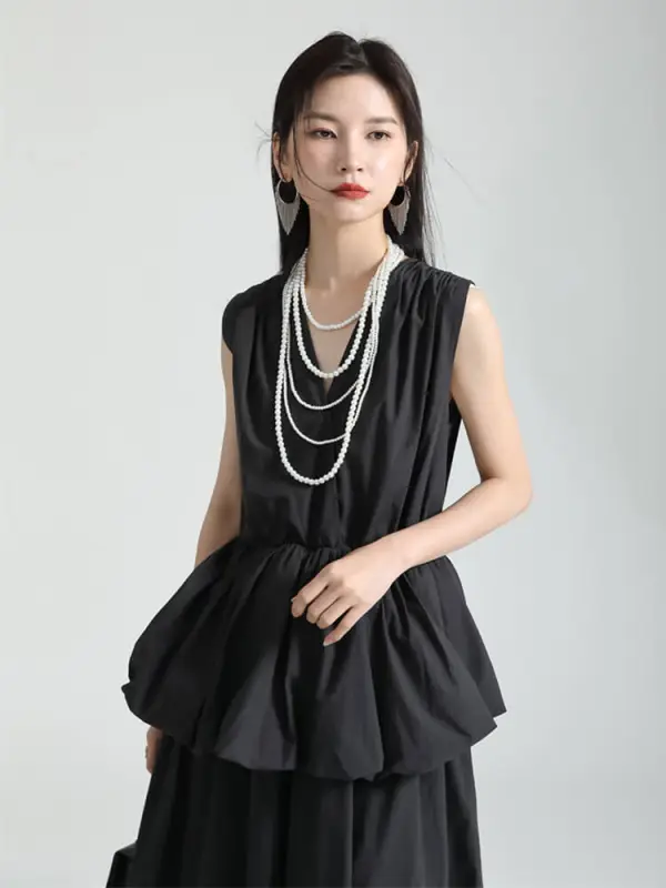 TWOTWINSTYLE Patchwork Folds Dresses For Women V Neck Sleeveless High Waist Solid Temperament A Line Dress Female Fashion 2023